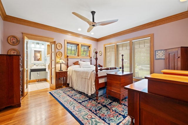 bedroom with a ceiling fan, recessed lighting, light wood finished floors, connected bathroom, and crown molding