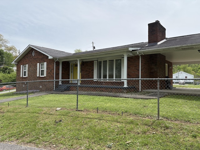 102 Locust St, Manchester, KY 40962 - ranch-style house featuring fence, a front lawn, brick siding, and a chimney