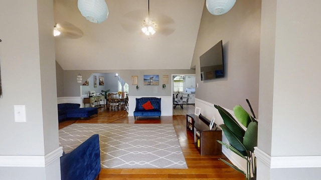 88 Powell Rd, Mckee, KY 40447 - living area with a ceiling fan, wood finished floors, and high vaulted ceiling