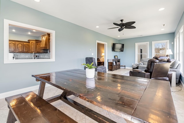 dining area with visible vents, baseboards, recessed lighting, and ceiling fan