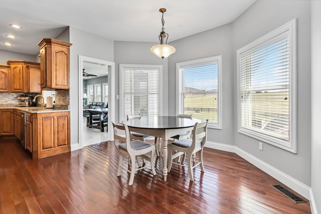 dining area with baseboards, visible vents, a wealth of natural light, and dark wood-style flooring