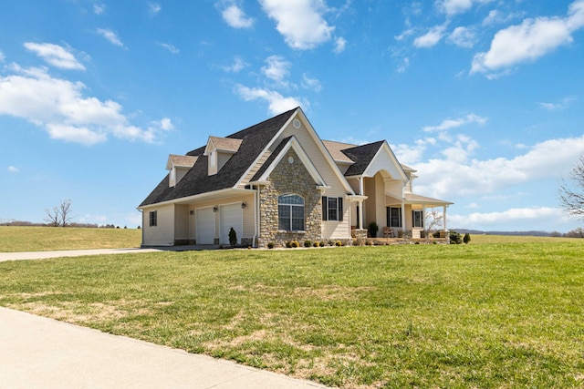 craftsman inspired home featuring driveway, stone siding, a porch, a front yard, and a garage