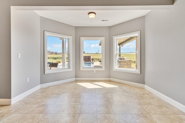 spare room featuring visible vents and baseboards