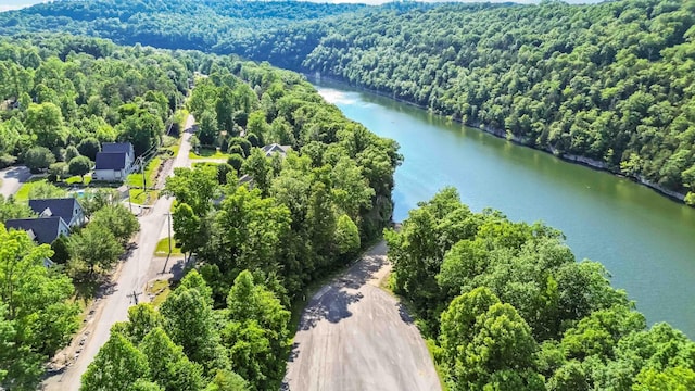 drone / aerial view featuring a view of trees and a water view