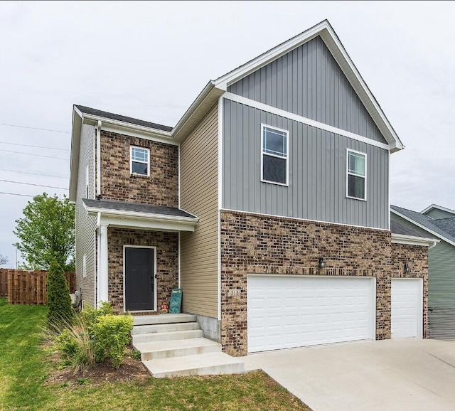 view of front of property featuring fence, board and batten siding, driveway, brick siding, and a garage
