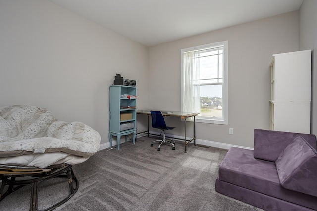 carpeted home office with baseboards