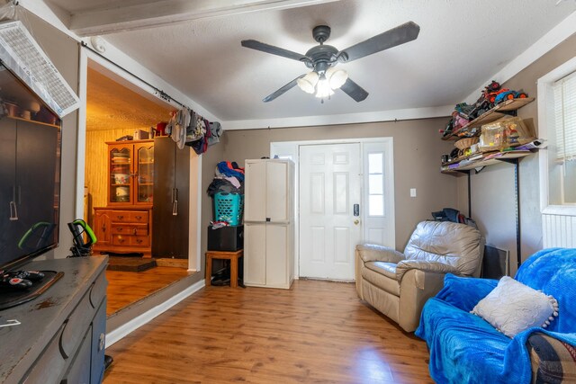 living area featuring a ceiling fan and light wood-style flooring