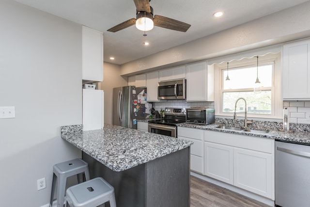 kitchen with a sink, appliances with stainless steel finishes, white cabinets, and decorative backsplash