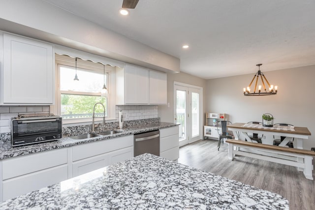 kitchen with stainless steel dishwasher, plenty of natural light, a sink, and a toaster