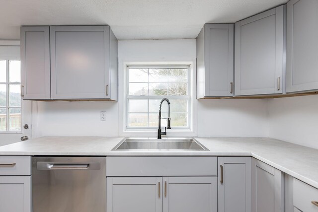 kitchen featuring plenty of natural light, stainless steel dishwasher, a sink, and gray cabinets