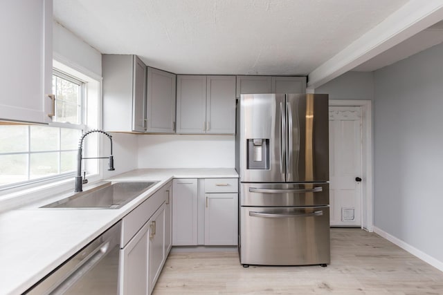 kitchen featuring a sink, light wood-style floors, gray cabinets, light countertops, and appliances with stainless steel finishes