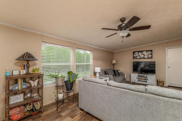 1132 State Highway 1662, Olive Hill, KY 41164 - living room featuring wood finished floors, crown molding, visible vents, baseboards, and ceiling fan