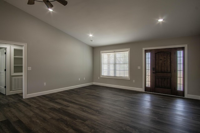 foyer with dark wood finished floors, recessed lighting, ceiling fan, baseboards, and lofted ceiling