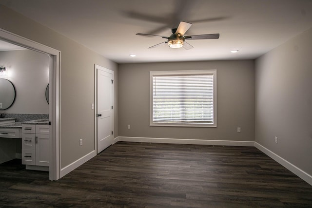 unfurnished bedroom with dark wood-style floors, a ceiling fan, recessed lighting, and baseboards