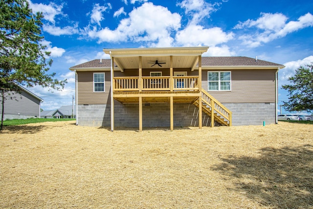 back of property featuring a deck, a shingled roof, crawl space, stairway, and a ceiling fan