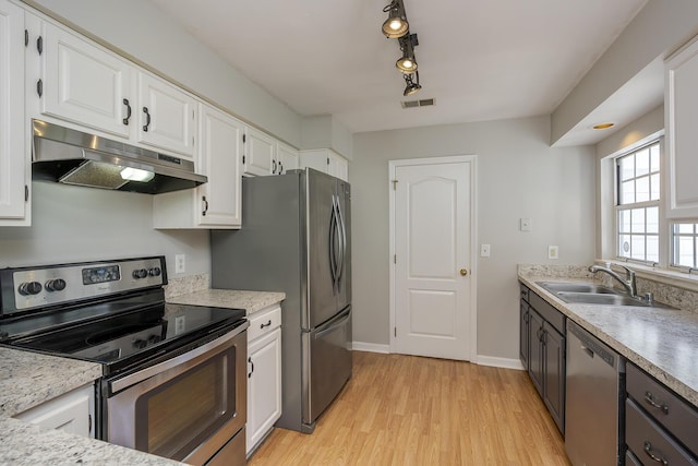 kitchen with appliances with stainless steel finishes, under cabinet range hood, a sink, white cabinets, and light wood-style floors