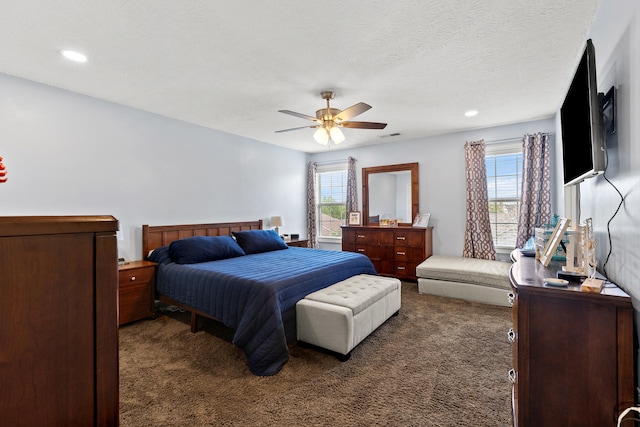 bedroom with recessed lighting, a textured ceiling, ceiling fan, and carpet floors