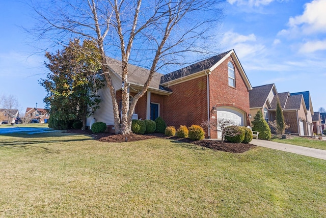 view of front of home featuring concrete driveway, a residential view, brick siding, a front lawn, and a garage