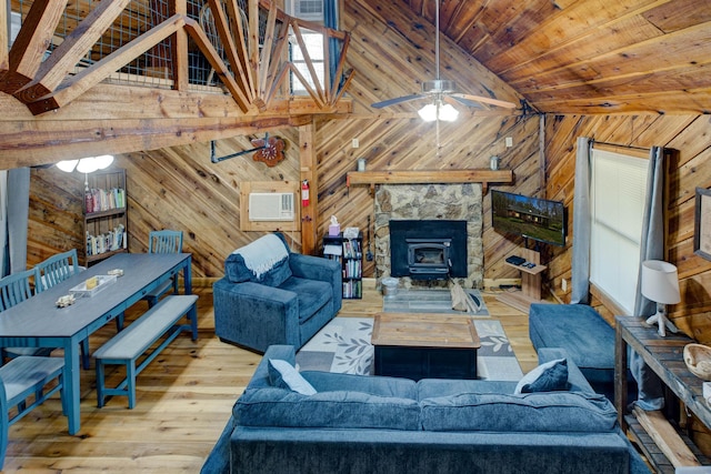 494 Deer Run Rd, Wellington, KY 40387 - living area featuring wooden ceiling, a ceiling fan, hardwood / wood-style floors, wooden walls, and high vaulted ceiling