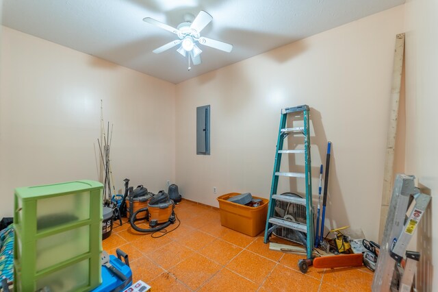 misc room featuring a ceiling fan and electric panel