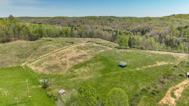 bird's eye view featuring a rural view and a wooded view