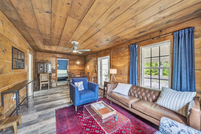 293 Deer Run Rd, Wellington, KY 40387 - living area featuring wood finished floors, ceiling fan, wooden walls, and wood ceiling