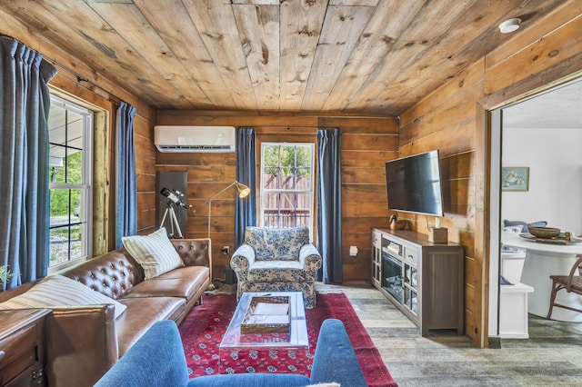 293 Deer Run Rd, Wellington, KY 40387 - living room featuring a wall mounted AC, wooden ceiling, wood finished floors, wood walls, and a fireplace