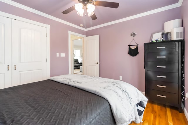 bedroom with wood finished floors, a ceiling fan, ornamental molding, and a closet