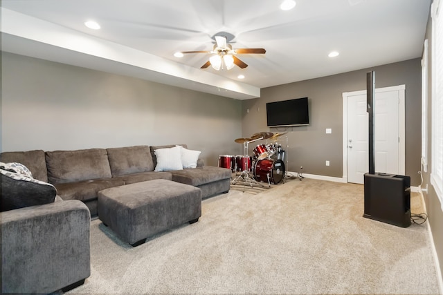 living room with recessed lighting, ceiling fan, carpet, and baseboards