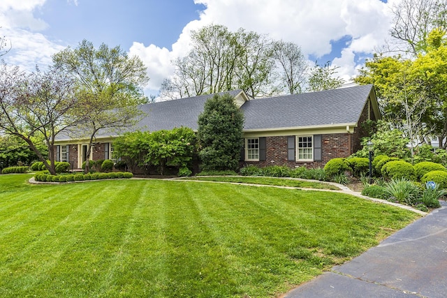 view of front of property featuring roof with shingles, a front yard, and brick siding