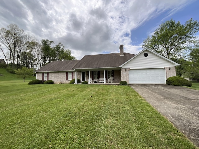 single story home with a chimney, driveway, an attached garage, a porch, and brick siding