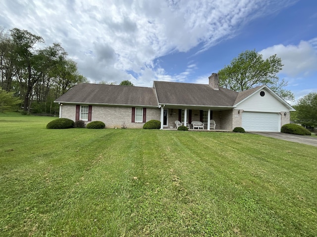 single story home featuring a chimney, concrete driveway, covered porch, brick siding, and a garage