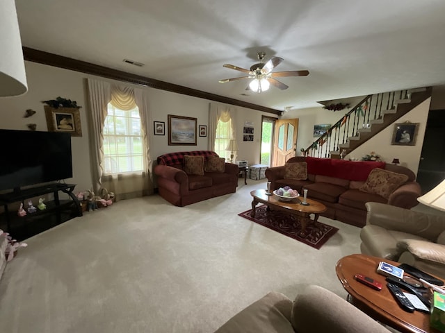 living area featuring stairway, visible vents, carpet flooring, and ornamental molding