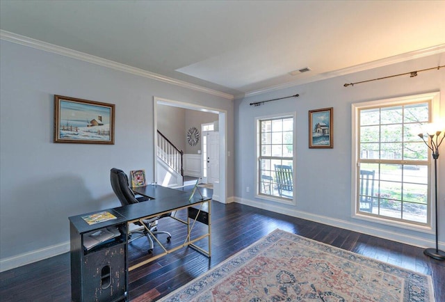 home office featuring baseboards, ornamental molding, dark wood finished floors, and visible vents