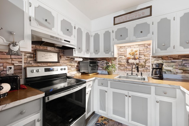 3576 Elkhorn Rd, Campbellsville, KY 42718 - kitchen with under cabinet range hood, light countertops, a sink, and electric stove