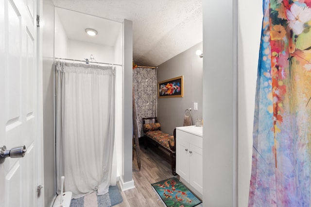 3576 Elkhorn Rd, Campbellsville, KY 42718 - bathroom with a shower with curtain, a textured ceiling, vanity, and wood finished floors