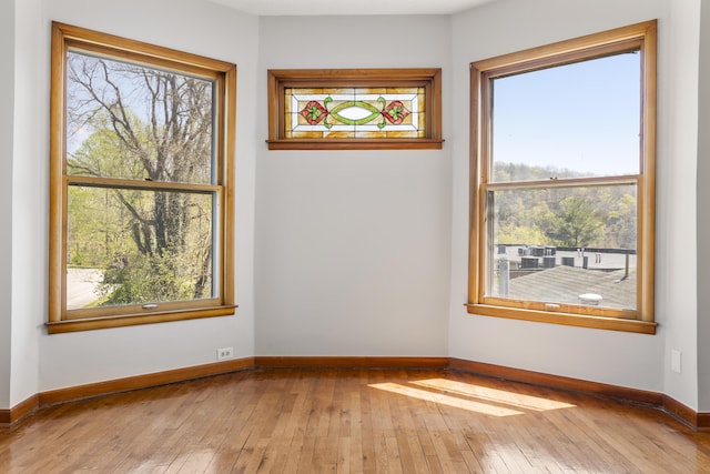 spare room with baseboards and wood-type flooring