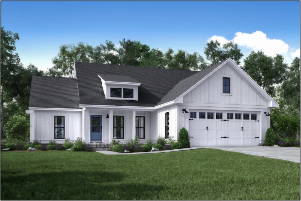 LOT20 Evergreen, Danville, KY 40422 - modern farmhouse with a front lawn, a garage, covered porch, board and batten siding, and concrete driveway