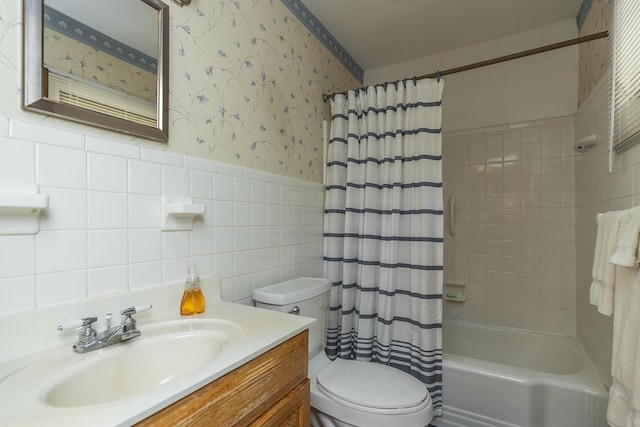 1964 Shadybrook Ln, Lexington, KY 40502 - bathroom with wallpapered walls, toilet, vanity, shower / bath combination with curtain, and tile walls