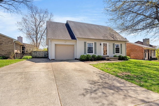 cape cod home featuring fence, a front lawn, a garage, a chimney, and driveway