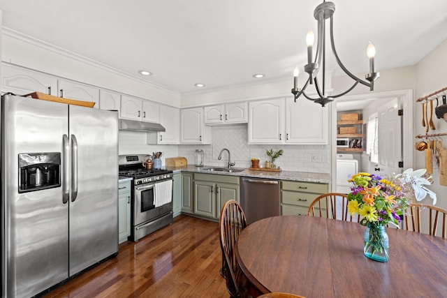 kitchen featuring appliances with stainless steel finishes, a sink, white cabinetry, tasteful backsplash, and dark wood-style floors