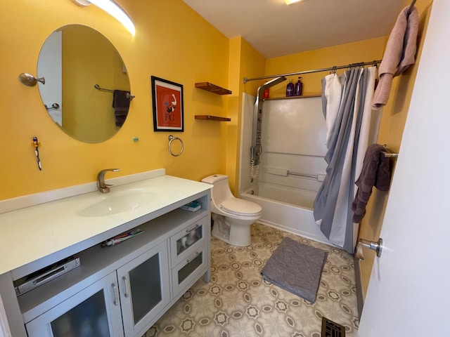 full bathroom featuring vanity, shower / bath combination with curtain, tile patterned floors, toilet, and visible vents