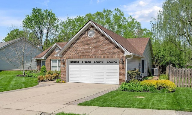 view of front facade featuring brick siding, cooling unit, and an attached garage