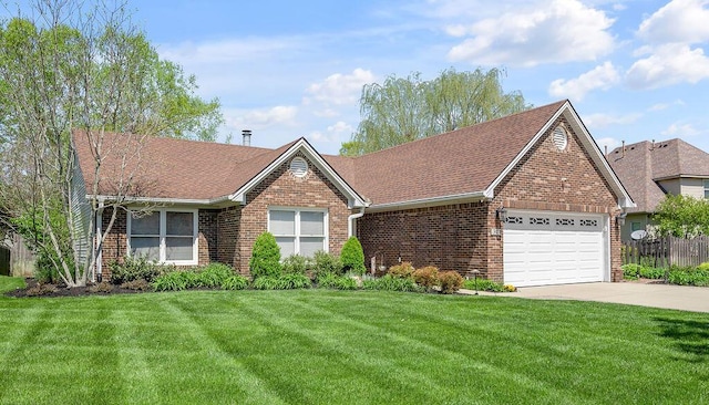 ranch-style house featuring driveway, a front yard, an attached garage, and brick siding