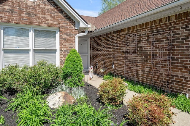 view of property exterior with brick siding and a shingled roof