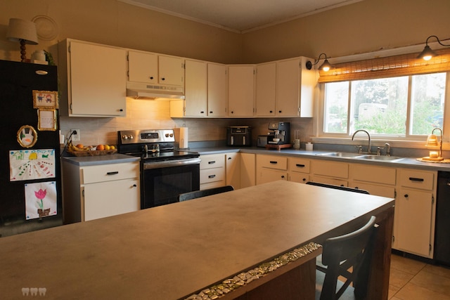 1770 Millersburg-Cynthiana Rd, Paris, KY 40361 - kitchen with crown molding, a sink, under cabinet range hood, black appliances, and backsplash
