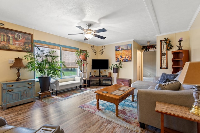 12739 Stulltown Rd, Hope, KY 40334 - living room featuring wood finished floors, a ceiling fan, a textured ceiling, and ornamental molding