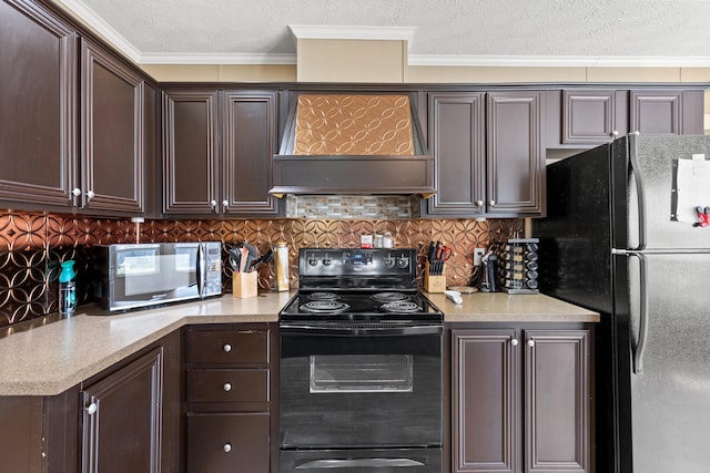 12739 Stulltown Rd, Hope, KY 40334 - kitchen featuring black appliances, dark brown cabinets, custom range hood, and ornamental molding