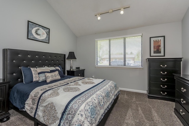 bedroom featuring dark colored carpet, rail lighting, vaulted ceiling, and baseboards