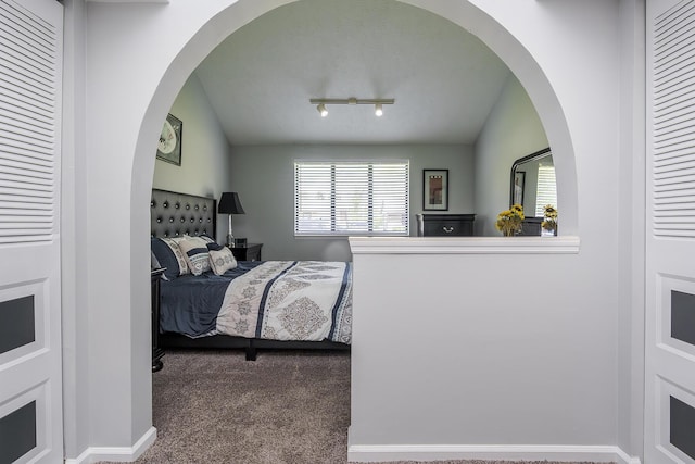 bedroom with vaulted ceiling and carpet floors